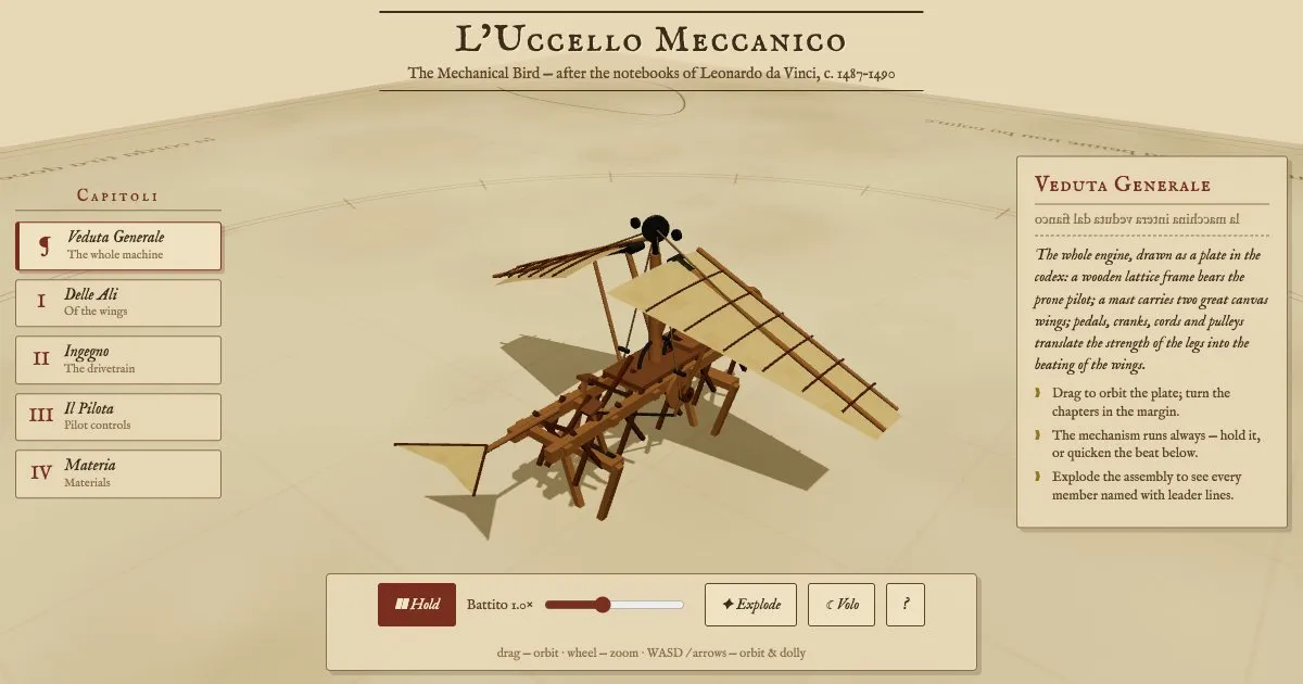 Still from Da Vinci's ornithopter: working mechanism in a living manuscript