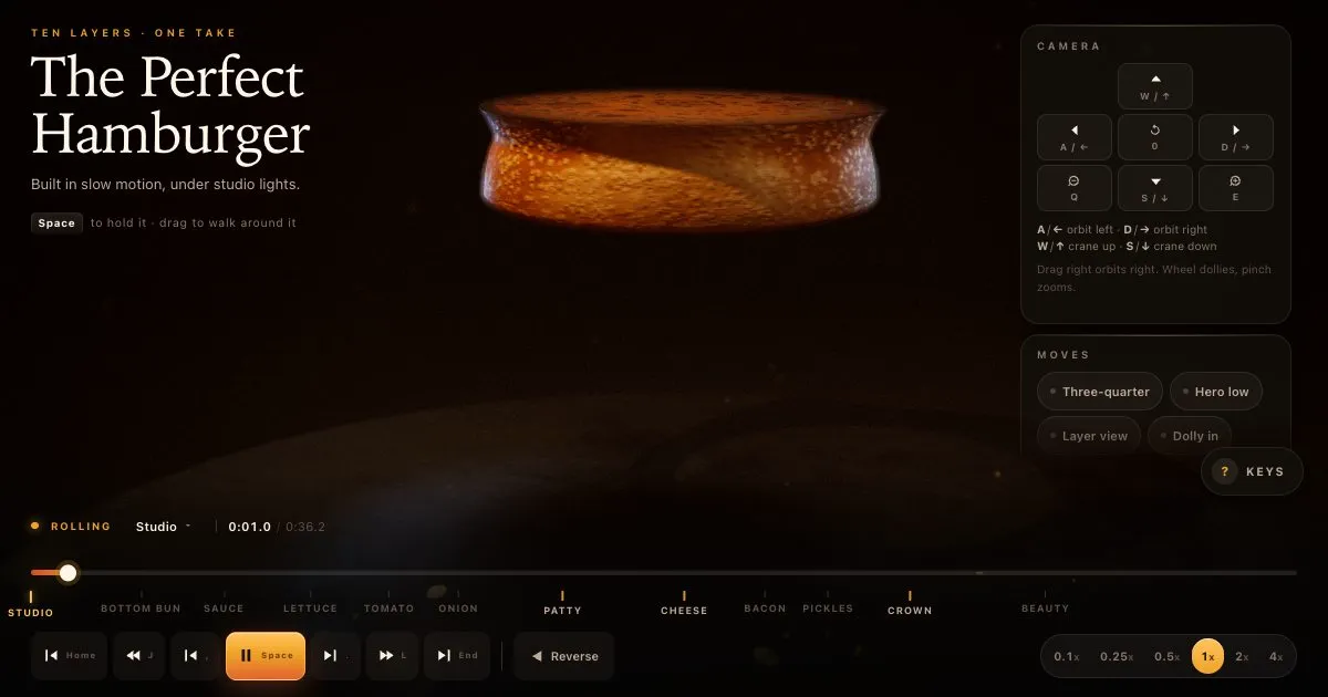 Still from The Perfect Hamburger: slow-motion commercial assembly