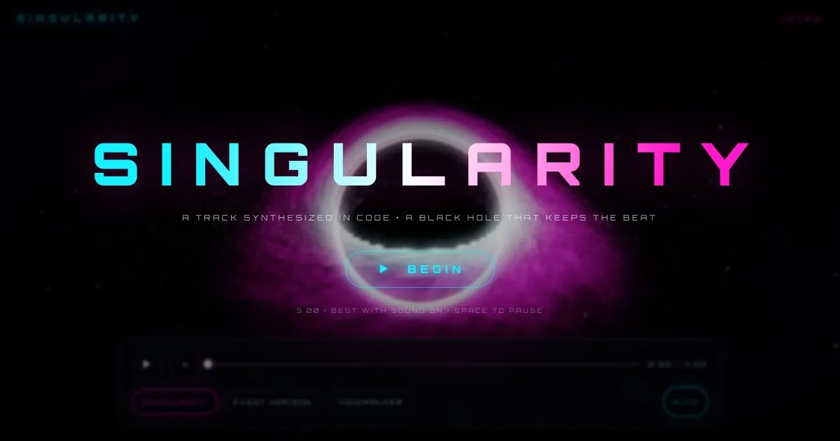 Still from SINGULARITY: black-hole audio visualizer with code-generated EDM