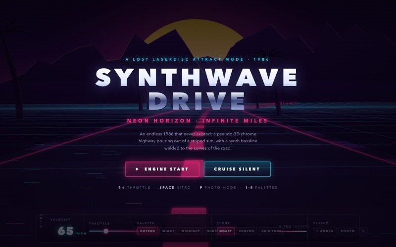Still from SYNTHWAVE DRIVE — Neon Horizon, Infinite Miles