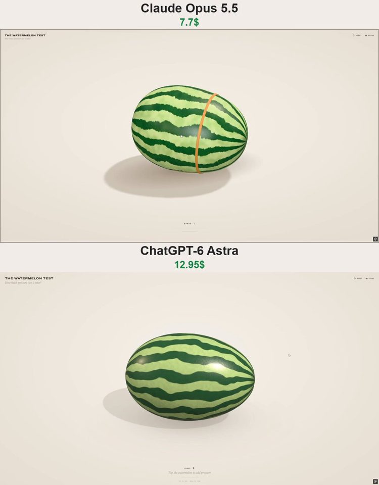 Still from The Watermelon Test (rubber bands, Three.js)